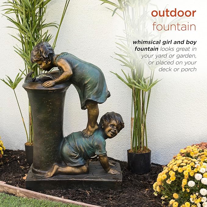 Alpine Corporation GXT472 27" Outdoor Floor Joyful Boy and Girl Drinking Water Fountain, Playful Garden Waterfall with LED Lights – Decorative Water Feature for Patios, Yards, and Gardens, Bronze