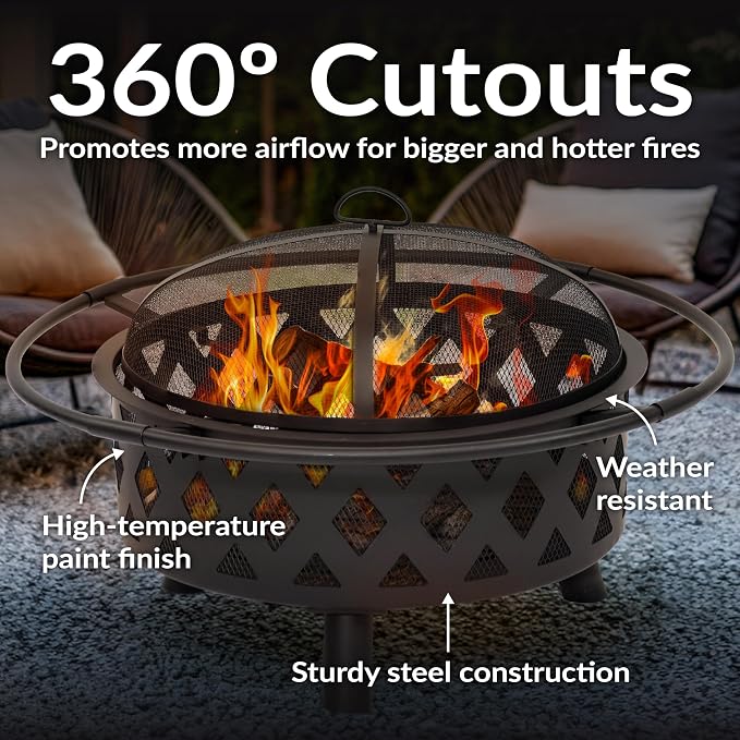 Sunnydaze Crossweave Outdoor Fire Pit - Wood-Burning Fire Pit for Outside with Spark Screen, Poker and Round Cover - 30-Inch - Black - Image 4