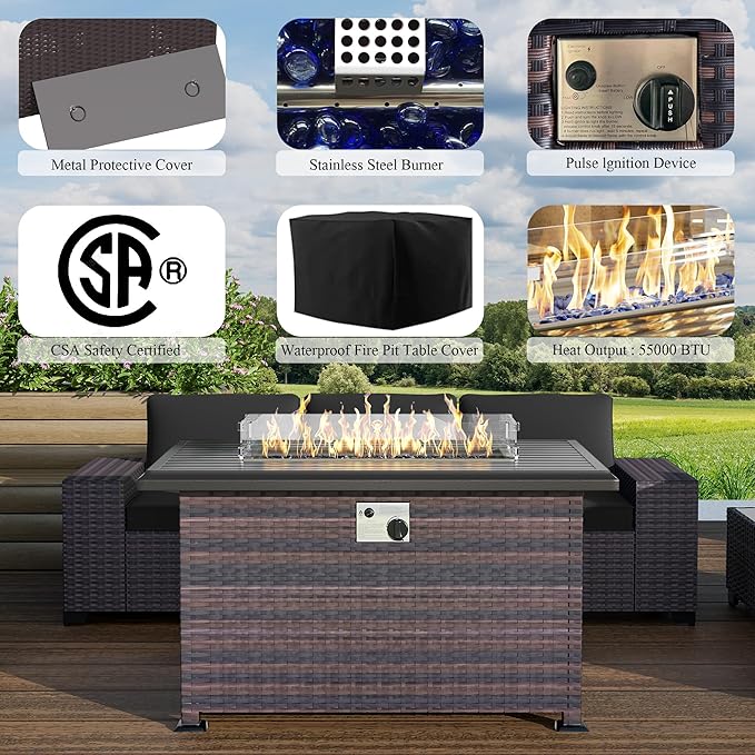 13 PCS Outdoor Patio Furniture Set,Outdoor Sectional Furniture with 43" 55000 BTU Gas Propane Fire Pit Table,All Weather PE Rattan Wicker Patio Conversation Set,Black