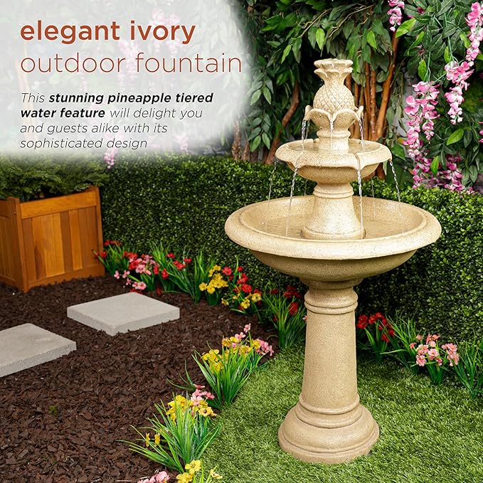 Alpine Corporation USA1590 Ivory Pineapple Multi-Tier Fountain, Statement Waterfall for Lawn & Garden, 42" H, White