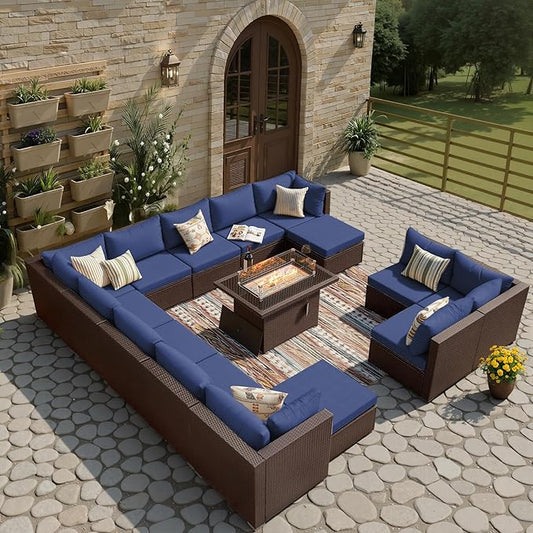 BULEXYARD 15 Piece Highback Wicker Patio Furniture Sets with Firepit, All-Weather Heavy Duty Outdoor Conversation Set Modular, Extra Deep Wide 14-Seats Sectional Couch Sofa for Backyard, Brown & Blue