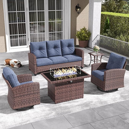 LayinSun 5 Pieces Patio Furniture Set with Swivel Chairs, Rattan Wicker Rocking Glide Chairs with 44" Propane Gas Fire Pit Table Conversation Set