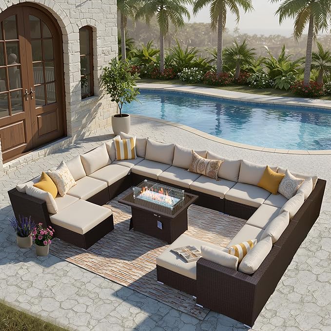 BULEXYARD 15 Piece Highback Wicker Patio Furniture Sets with Firepit, All-Weather Heavy Duty Outdoor Conversation Set Modular, Extra Deep Wide 14-Seats Sectional Couch Sofa for Backyard, Brown & Beige