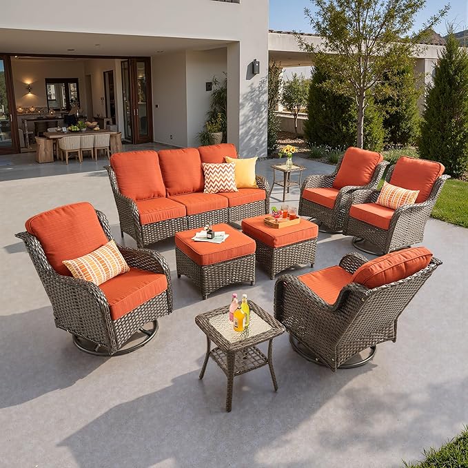 ovios 9-Piece Patio Furniture Set with Swivel Chairs Coffee Table, Outdoor Wicker Sofa with Comfy Cushions, High Back Couch Modern Conversation Sets, Brown/Orange Red