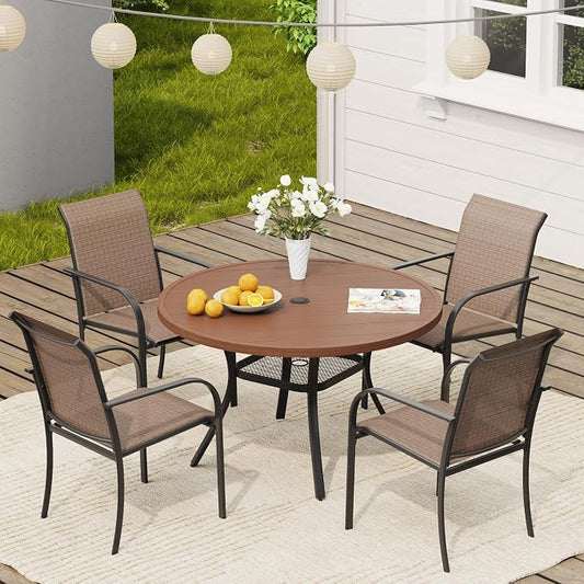 VICLLAX Round Outdoor Dining Set, Patio Table and Chairs Set Set of 4 Patio Stackable Chairs and 40.6" Outdoor Round Table with Umbrella Hole for Backyard Lawn Garden, Brown Chairs and Walnut Table by HOME