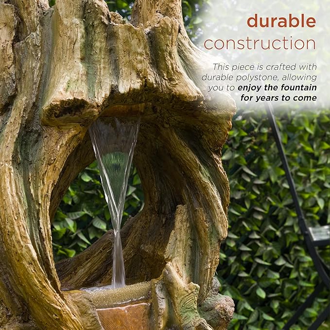 Alpine Corporation 40" Tall Open Tree Trunk Floor Fountain with Cool White LED Lights, Tiered Garden Decor, Brown