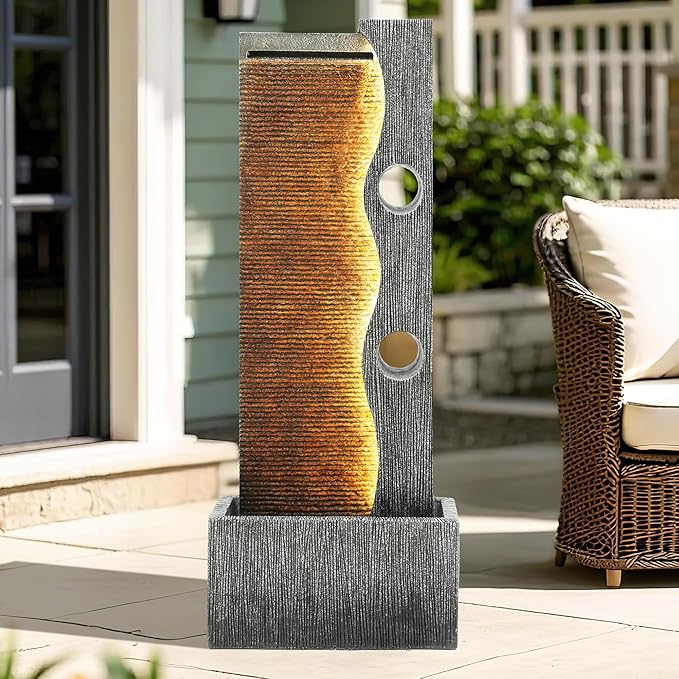 39.4" Modern Zen Faux Slate Water Fountain for Indoors or Outdoors with LED Lights, Cascading Waterfall, Tranquil Water Feature for Patio, Garden, Deck or Porch