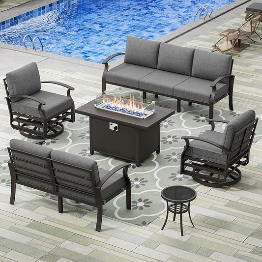 Aluminum Patio Furniture Set with Fire Pit Table, 7 Seats Outdoor Patio Conversation Sets with Swivel Chair Modern Metal Sectional Sofa with Upgrade Cushions for Patio, Backyard