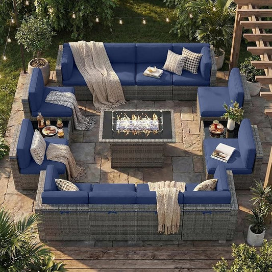 15 Pieces Patio Furniture Set with 44" Propane Gas Fire Pit Table, Outdoor Sectional Wicker Conversation Sofa Sets with Coffee Table