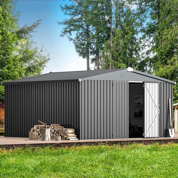 AECOJOY 12' x 12' Outdoor Storage Shed, Dark Grey Large Metal Sheds & Outdoor Storage Clearance Steel Yard Shed with Lockable Doors, Utility and Tool Storage Garden Shed for Backyard by AECOJOY