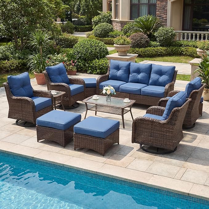 Patio Furniture Set, 12PCS Outdoor Wicker Conversation Set with 6" Thick Cushions, High Back Rattan Sofa & Swivel Rocker Chairs, Weather Resistant Olefin Fabric for Garden, Poolside, Navy Blue