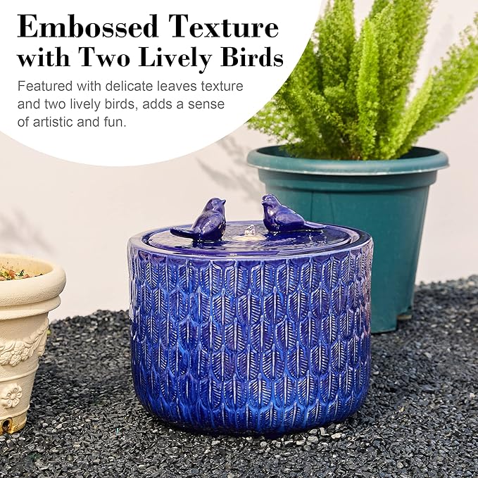 Glitzhome 14.75”H Outdoor Ceramic Garden Water Fountain with LED Lights and Pump, Two Birds Embossed Leaf Pattern Patio Fountain Floor Standing Bird Bath Fountains for Porch Deck Backyard, Cobalt Blue