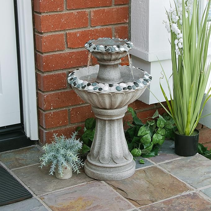 Alpine Corporation ZEN640S 24" 2 Tier Classic Pedestal Water Fountain, Indoor/Outdoor Floor Water Feature for Garden, Patio, and Home Décor, Gray