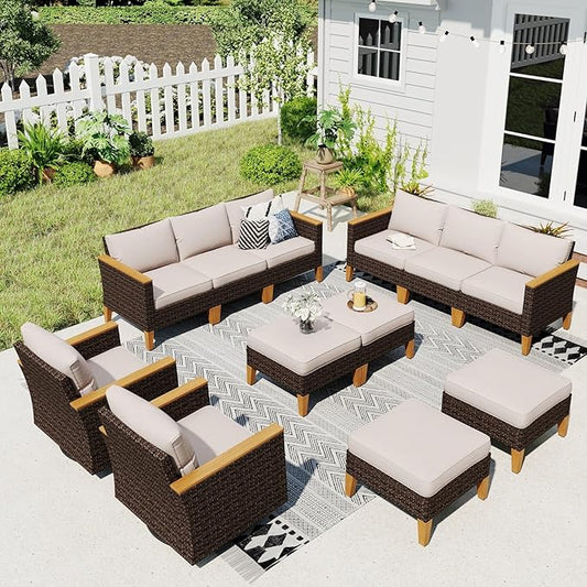 Sophia & William Patio Furniture Set with Swivel Chairs, 12 Piece Outdoor Sectional Furniture Wicker Modular Sofa Couch, Conversation Set for Deck Backyard Lawn, Beige