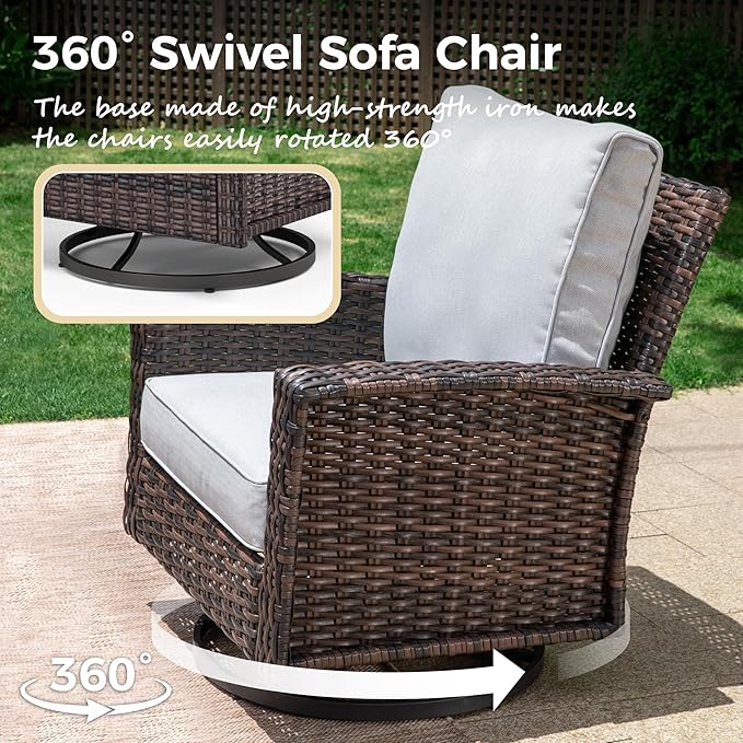 Swivel Patio Wicker Chairs Set of 2, High Back Outdoor Swivel Patio Rattan Chairs with 5.5" Thick Cushions for Bistro Balcony Porch Deck and Yard, Light Grey