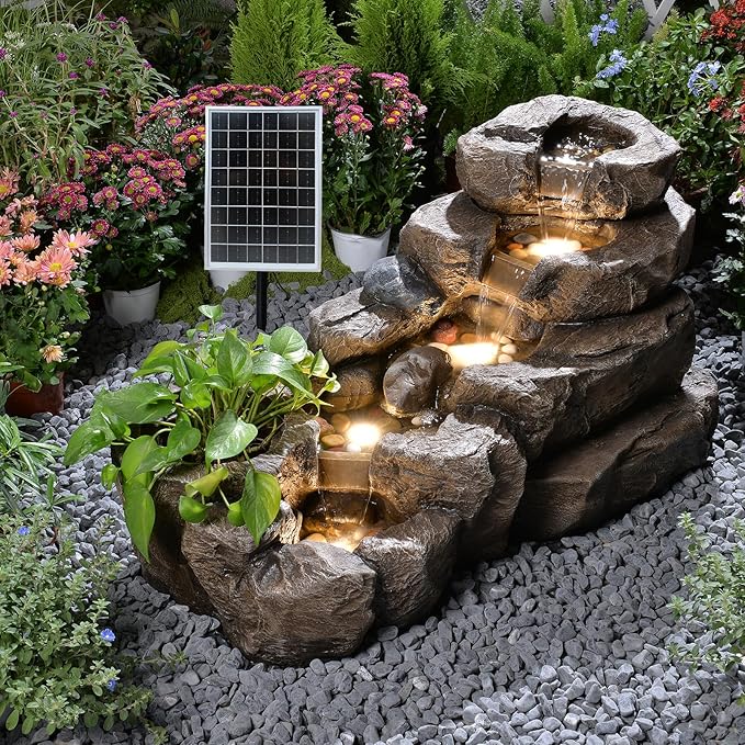 38.2" L Solar Water Fountain Outdoor Garden 5 Tiers Floor Standing Rock Natural Waterfall Outdoor Fountains with LED Lights and Planting Pot for Patio, Porch,Backyard,Home Art Decor