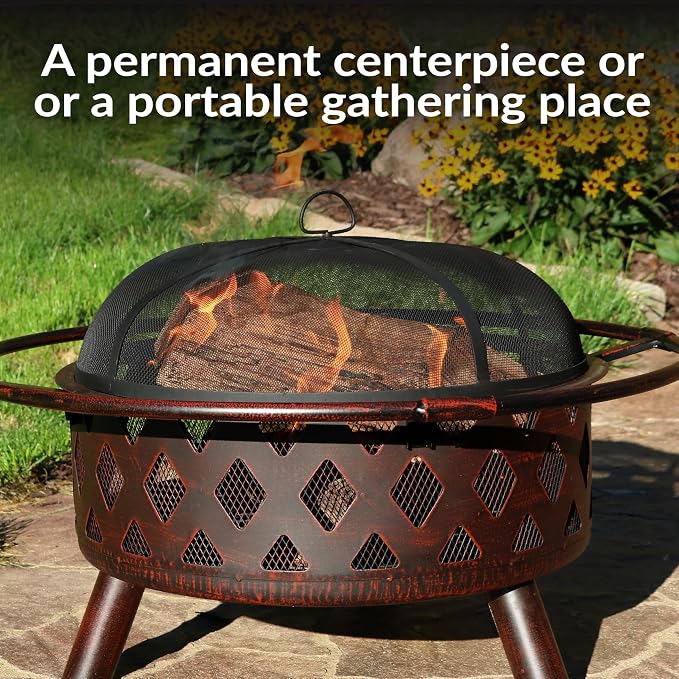 Sunnydaze Crossweave Outdoor Fire Pit - Wood-Burning Fire Pit for Outside with Spark Screen, Poker and Round Cover - 30-Inch - Bronze - Image 7