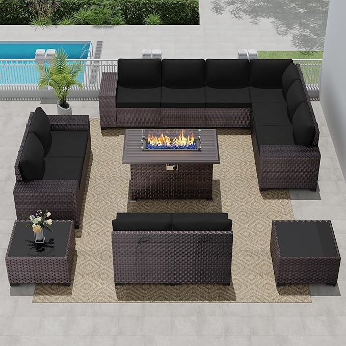 13 PCS Outdoor Patio Furniture Set,Outdoor Sectional Furniture with 43" 55000 BTU Gas Propane Fire Pit Table,All Weather PE Rattan Wicker Patio Conversation Set,Black