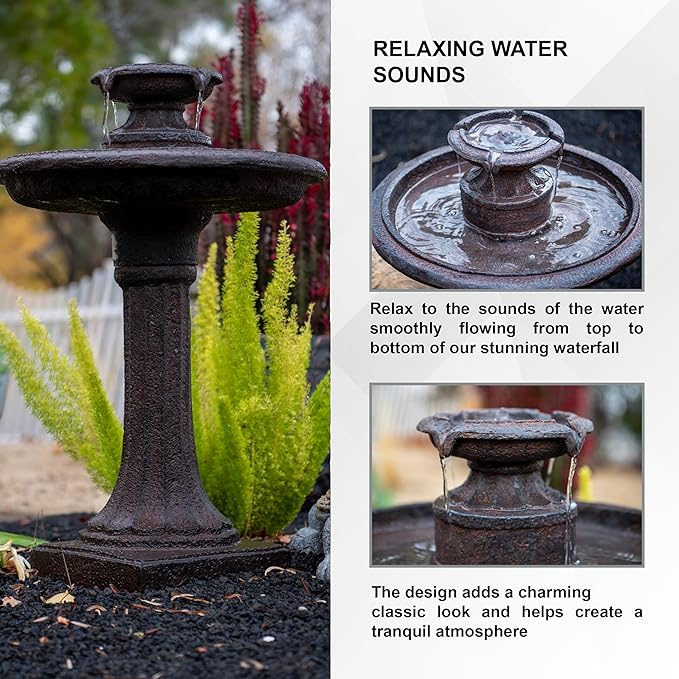 XBrand 28" Tiered Freestanding Classic Bird Bath Outdoor Water Fountain with Auto Shut-Off Pump, Brown