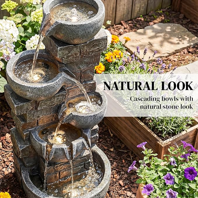 Outsunny 31.5" Tall 5 Tiers Outdoor Water Fountain, Waterfall Fountain with Warm LED Lights, Outdoor Cascading Water Feature for Garden Patio Backyard Porch Home Decor, Stone Gray