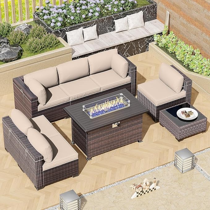 8 Pieces Outdoor Patio Furniture Set,Outdoor Sectional Furniture with 43" 55000 BTU Gas Propane Fire Pit Table,All Weather PE Rattan Wicker Patio Conversation Set,Sand