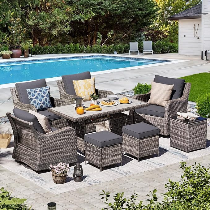 MEISSALIVVE Outdoor Patio Furniture Set with Swivel Chairs, 8 Pieces Wicker Patio Conversation Set, Outdoor Patio Set with 2 Swivel Rocking Chair & 2 Single Chair, 2 Ottomans and Dining Table (Grey)
