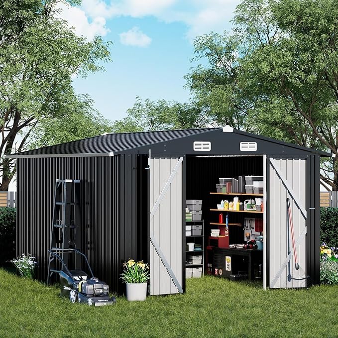 COMHOMA Shed Outdoor Storage Shed Metal,Lockable Doors Tool Sheds with Sloping Roof,Steel Garden Shed with Air Vent for Backyard,Patio,Lawn,Poolside(Grey,10'x12') - Image 2