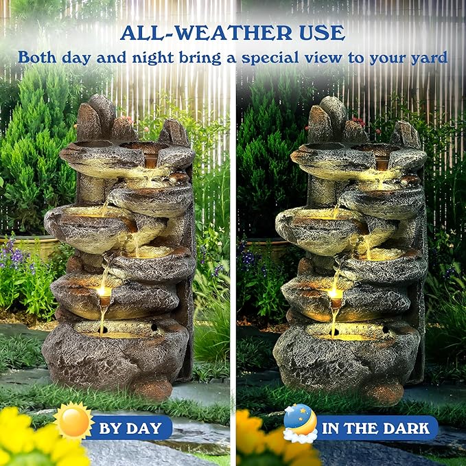 Outdoor Cascading Rock Water Fountain, 6-Tiers Fountains and Waterfalls with LED Lights, Indoor Freestanding Resin Waterfall Feature w/Pump for Patio, Garden, Backyard, Deck, Porch, Home Decor