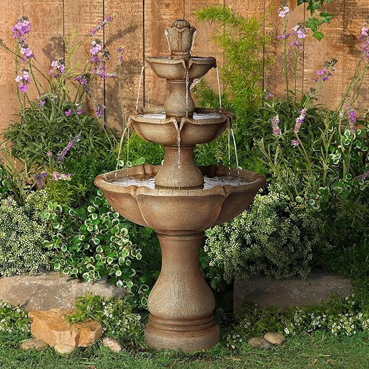 Arosco Modern Rustic Outdoor Floor Water Fountain with Light LED 43" High 3-Tiered Resin for Garden Patio Yard Deck Home Lawn Porch House Relaxation Exterior - John Timberland