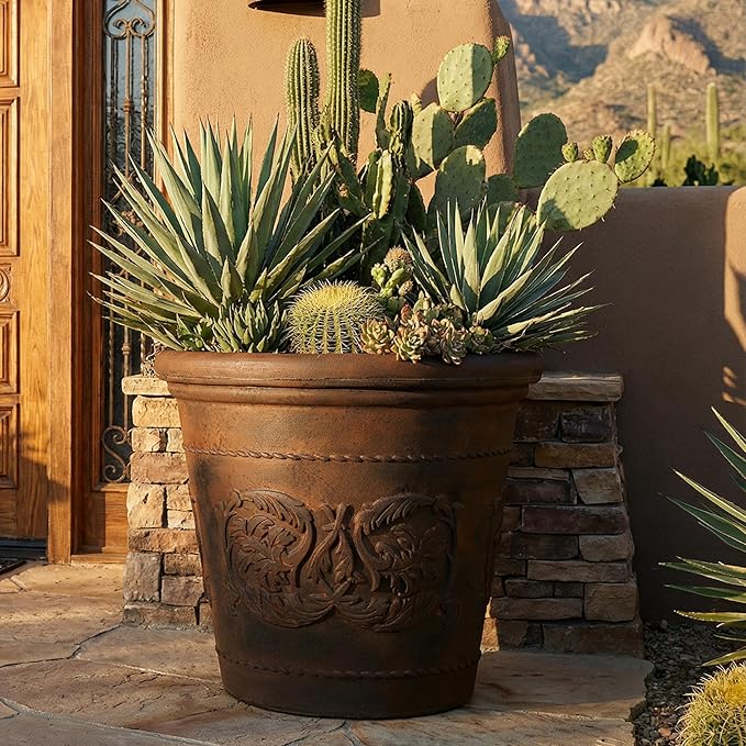 Sunnydaze 19.5-Inch Arabella Large Plastic Pot for Plants - Outdoor Double-Walled Polyresin Large Plastic Planter with Drillable Drainage Holes - Rust