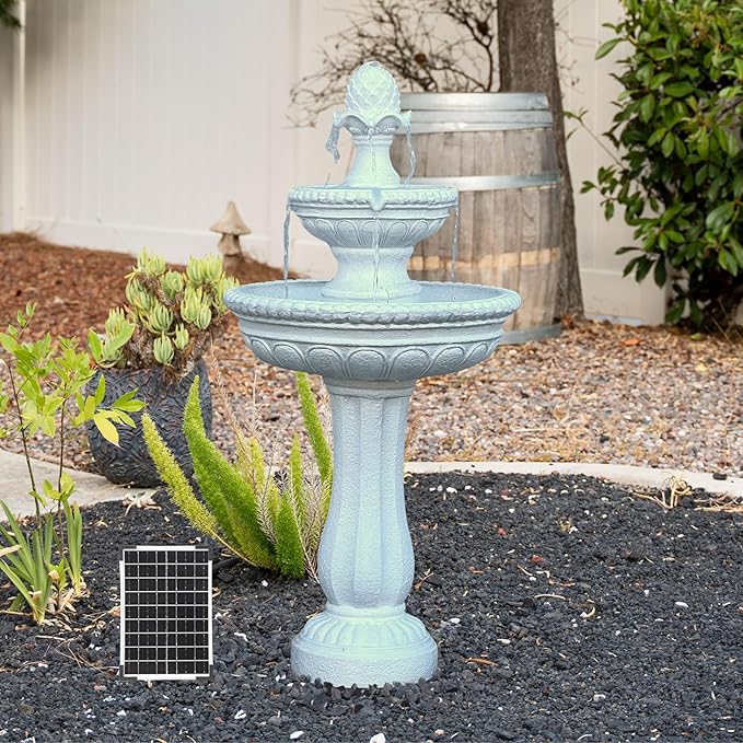 XBrand 39" 2-Tier Outdoor Freestanding Solar Water Fountain - Classic Design, White Resin Bird Bath with Pump - Ideal for Yard, Lawn and Garden, Porch Décor