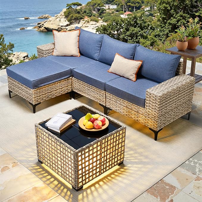 Patio Furniture Set, 5 Pieces Outdoor Wicker Conversation Sets with Coffee Table Outdoor Sectional Sofa for Balcony Backyard Poolside Garden Lawn (Blue)