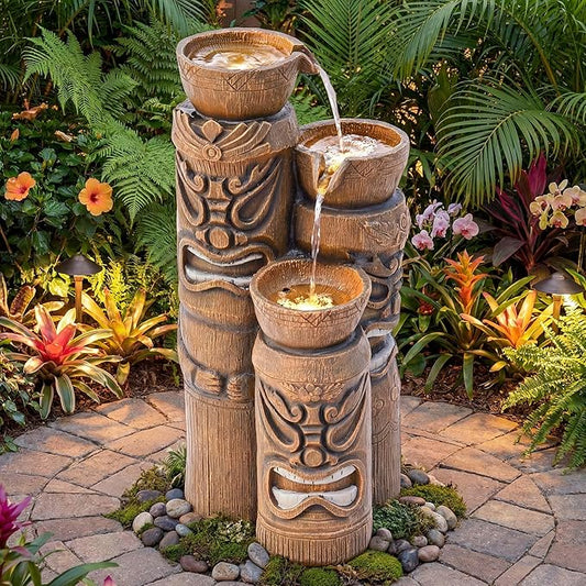 31" Outdoor Fountain, 3-Tier Tiki Head Bowl Water Feature with LED Lights, Tropical Resin Soothing Cascading Waterfall for Patio, Backyard, Garden or Porch