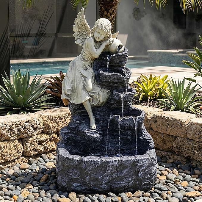 Sunnydaze Angel Falls 29-Inch Outdoor Solar Water Fountain - Outdoor Water Feature with LED Light for Garden, Patio, Yard or Balcony