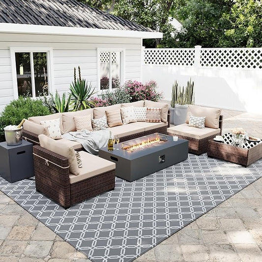 UPHA 9 Pieces Patio Furniture Sets, Wicker Outdoor Sectional Sofa Couch with Rectangle Propane Pit for Deck Backyard Garden, Brown Rattan, Beige Cushion