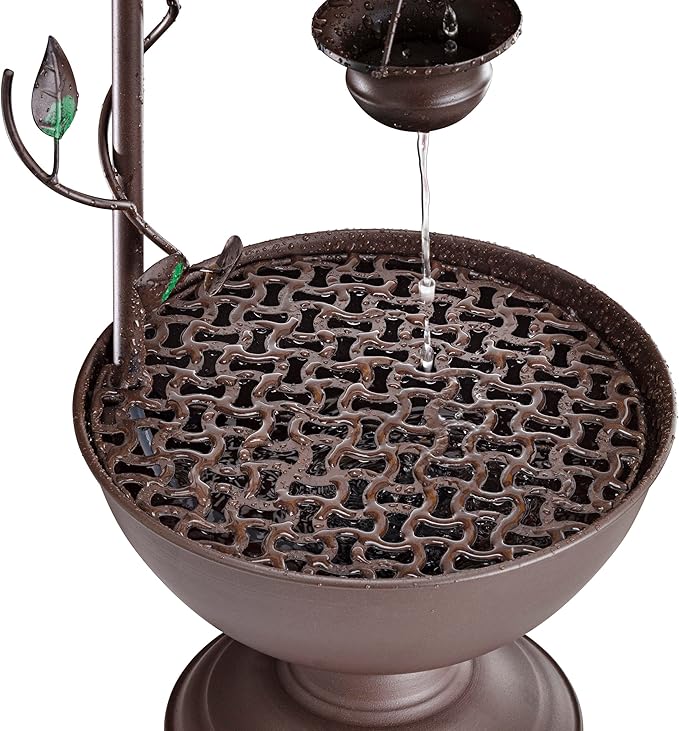 Alpine Corporation MAZ254 Outdoor Floor Tiered Vintage Water Fountain w/ 6 Hanging Cups, Soothing Tier Waterfall, 38", Bronze