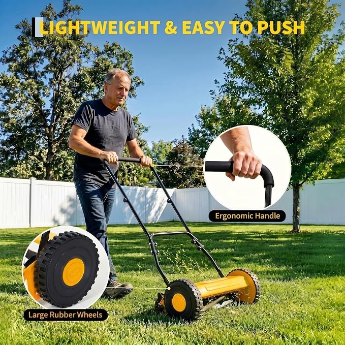 14" Push Lawn Mower, Manual Hand Push Lawn Mower Without Grass Catcher, Lightweight & Portable Walk-Behind Mower for Small Yards, Garden & Patio - Image 5