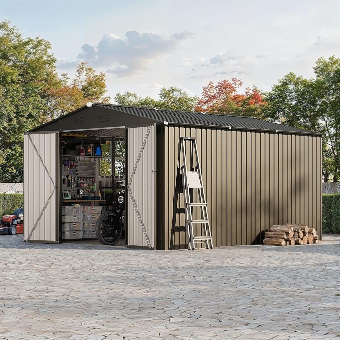 10X12 FT Storage Shed，Lockable Gable Roof Garden Shed with Grid Window, All-Weather Resistant Storage Unit for Bikes, Ladders, Patio Supplies & Garden Essentials by Unknown