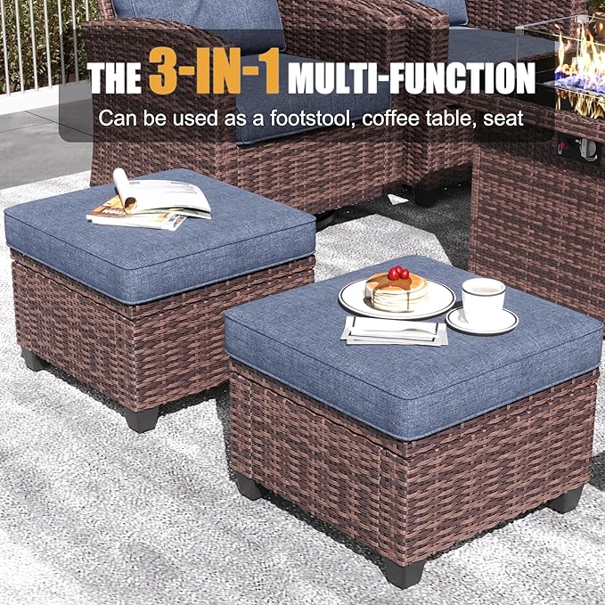 LayinSun 10 Pieces Patio Furniture Set with Swivel Chairs, Rattan Wicker Rocking Glide Chairs with 44" Propane Gas Fire Pit Table Conversation Set