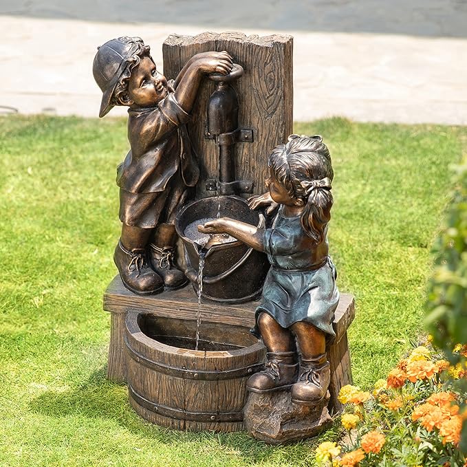 Glitzhome Outdoor Water Fountain with LED Light, Children Playing with Faucet Waterfall Fountains, Antique Bronze Resin Boy and Girl Statue Outdoor Waterfall Fountain for Patio Backyard Garden, 25”H