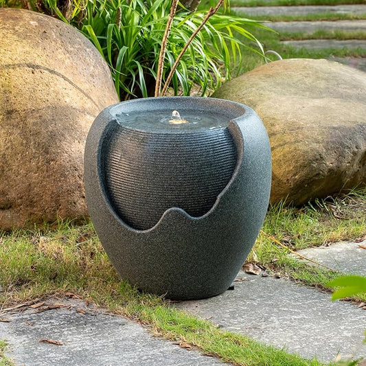16.93” H Outdoor Water Fountain Made with Eco-Friendly Recyclable Materials, Polyethylene Round Bubbler Water Fountain Outdoor, Garden Decor with LED Light for Patio, Porch, Backyard (16.93")