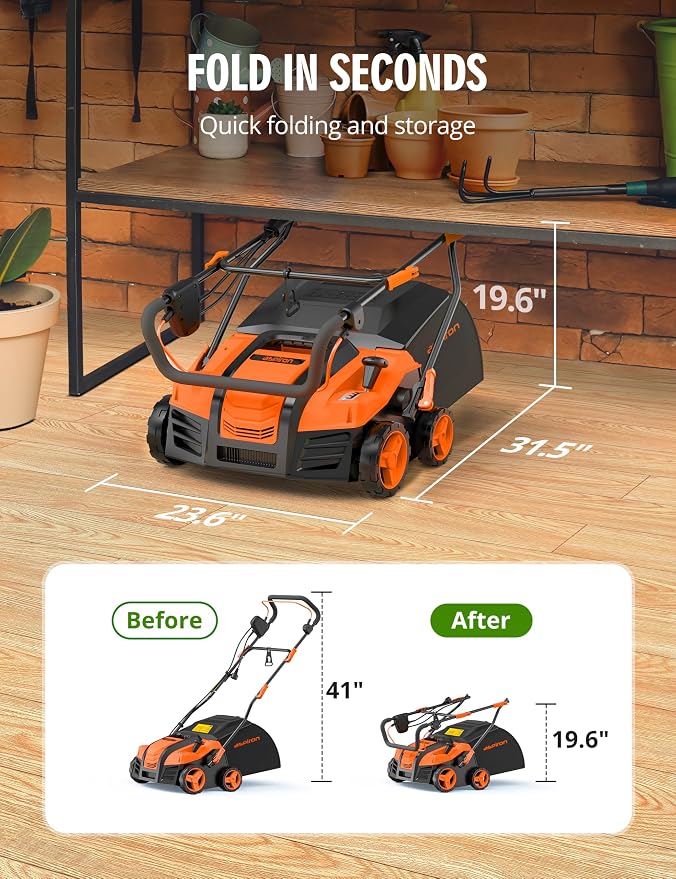 16” Artificial Turf Vacuum,1800w Grass Sweeper 15 Amp Lawn Sweeper Yard Power Brush with 55L Removable Leaf Collection Bag, Quick-Fold, Keeps Clear Sweepy Box, Hesperidium - Image 6