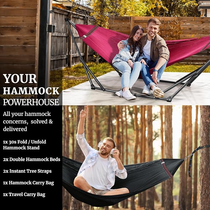 Tranquillo Combo x2 Hammocks with Stand for Outside & Tree Straps, Heavy Duty Hammock with Stand 600lbs for Indoor Outdoor Patio Backyard, x2 Hammocks for 2 Person (Combo - Red, Medium) - Image 8