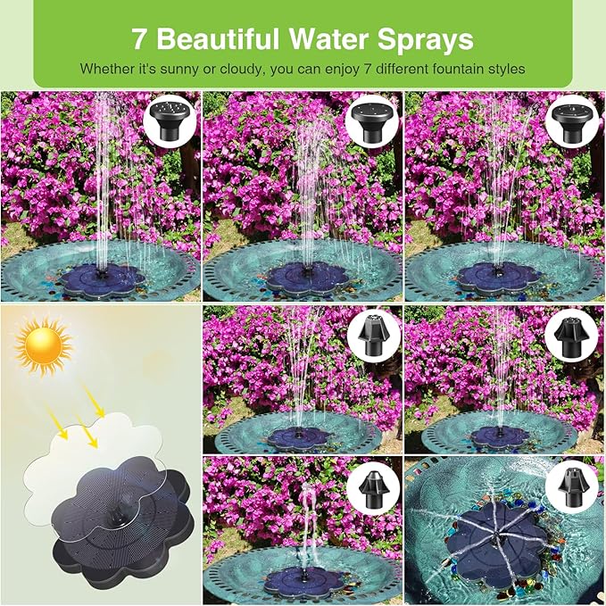 SZMP Solar Fountain Work On Cloudy Day, 2000mAh Bird Bath Fountains Upgraded Glass Panel 7 Nozzle & 4 Fixer, Solar Powered Water Fountain for Pool, Garden, Pond, Outdoor