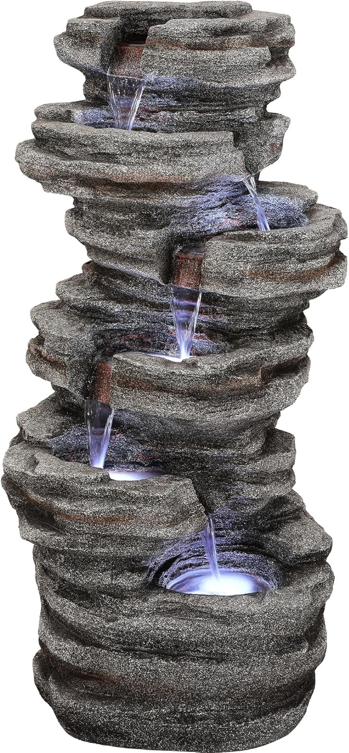 40"H Stacked Stone Water Fountain Outdoor with LED Lights, 6-Tier Extra-Lage Cascading Rock Waterfall for Outdoor Patio Garden Backyard, Weather-Resistant Resin Water Feature for Serene Oasis