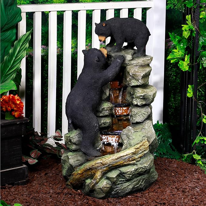 Alpine Corporation 36" Tall Indoor/Outdoor 2 Bears Climbing Rainforest Water Fountain with LED Lights, Cascading Wildlife Water Feature for Garden, Patio, and Home Decor, Brown