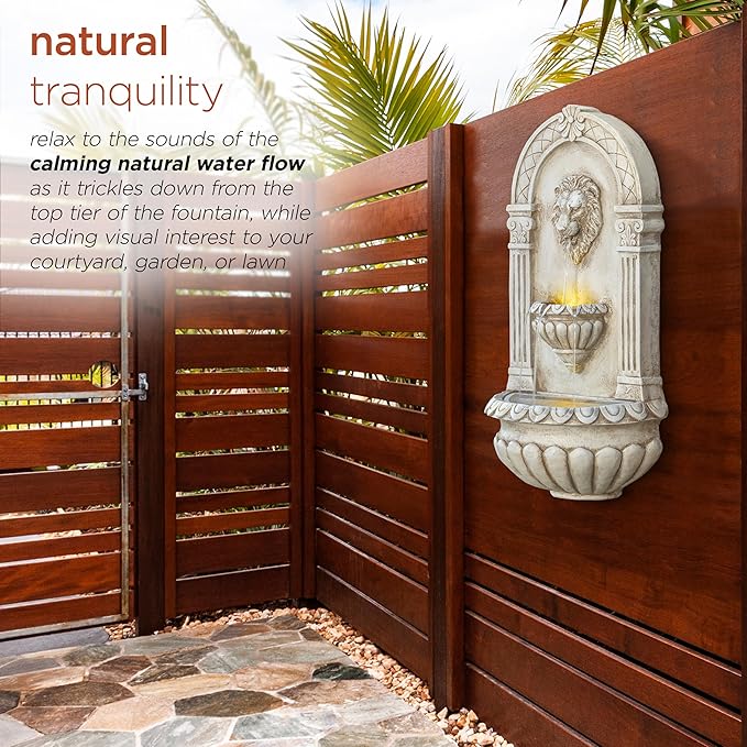 Alpine Corporation TZL160 Indoor/Outdoor Floor Lion Head Wall Fountain with LED Lights, Wall-Mounted Waterfall, 32", Ivory