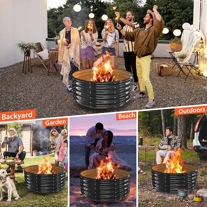 YSEJOMP 40 Inch Round Galvanized Fire Pit Ring/Fire Ring - Foldable and Perfect for Outdoor Gatherings and Campfires in The Yard/Garden/Park/Beach (Black+Gray, 3.3 FT Diameter+1.5 FT Tall) - Image 3