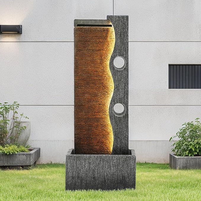 39.4" Modern Zen Faux Slate Water Fountain for Indoors or Outdoors with LED Lights, Cascading Waterfall, Tranquil Water Feature for Patio, Garden, Deck or Porch