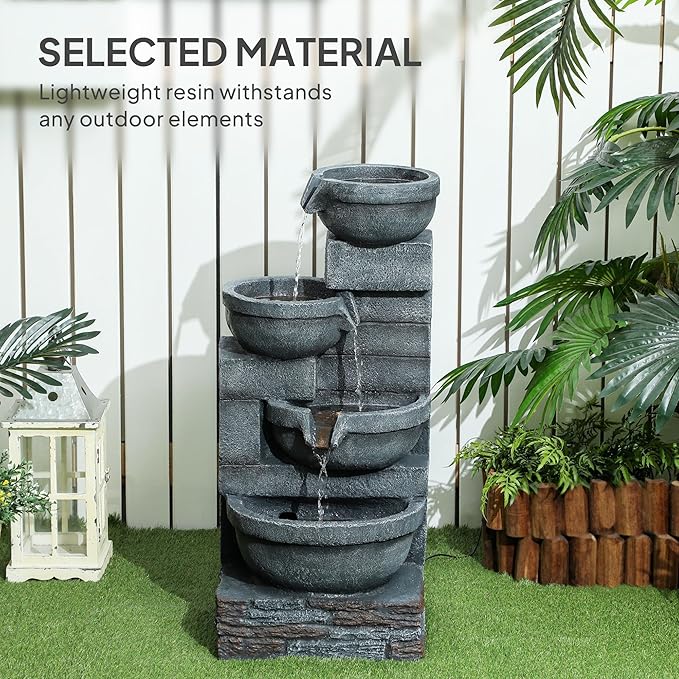 Outsunny 30" Tall Outdoor Waterfall Fountain with LED Lights, 4-Tier Resin Cascading Water Bowls with Pump, Gray
